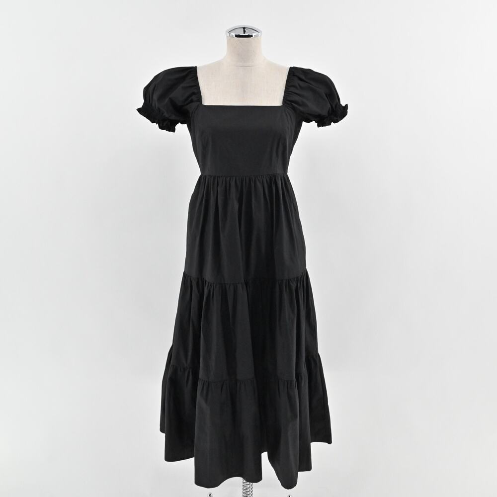 OPT Josephine Tiered Dress Size M Black Square Neck Puff Sleeve Midi Cottage NEW